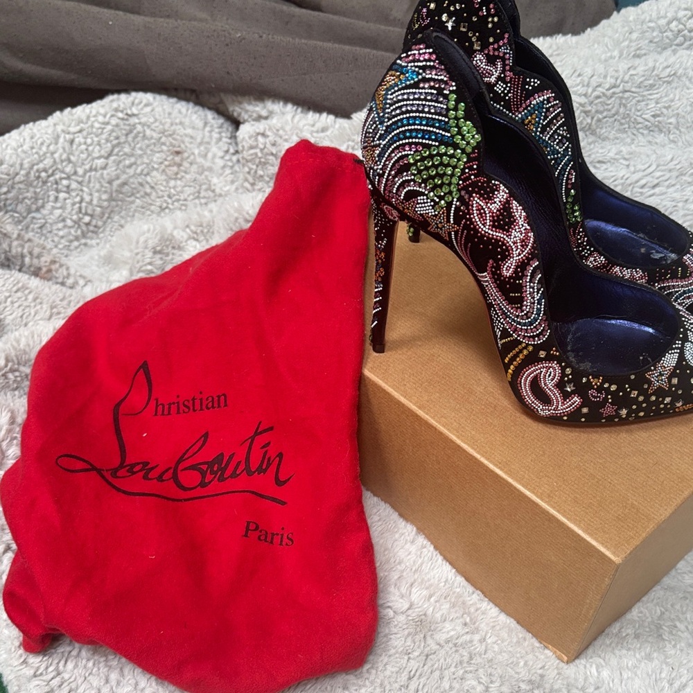 Christian Louboutin Black and Multicolor Embellished Heels